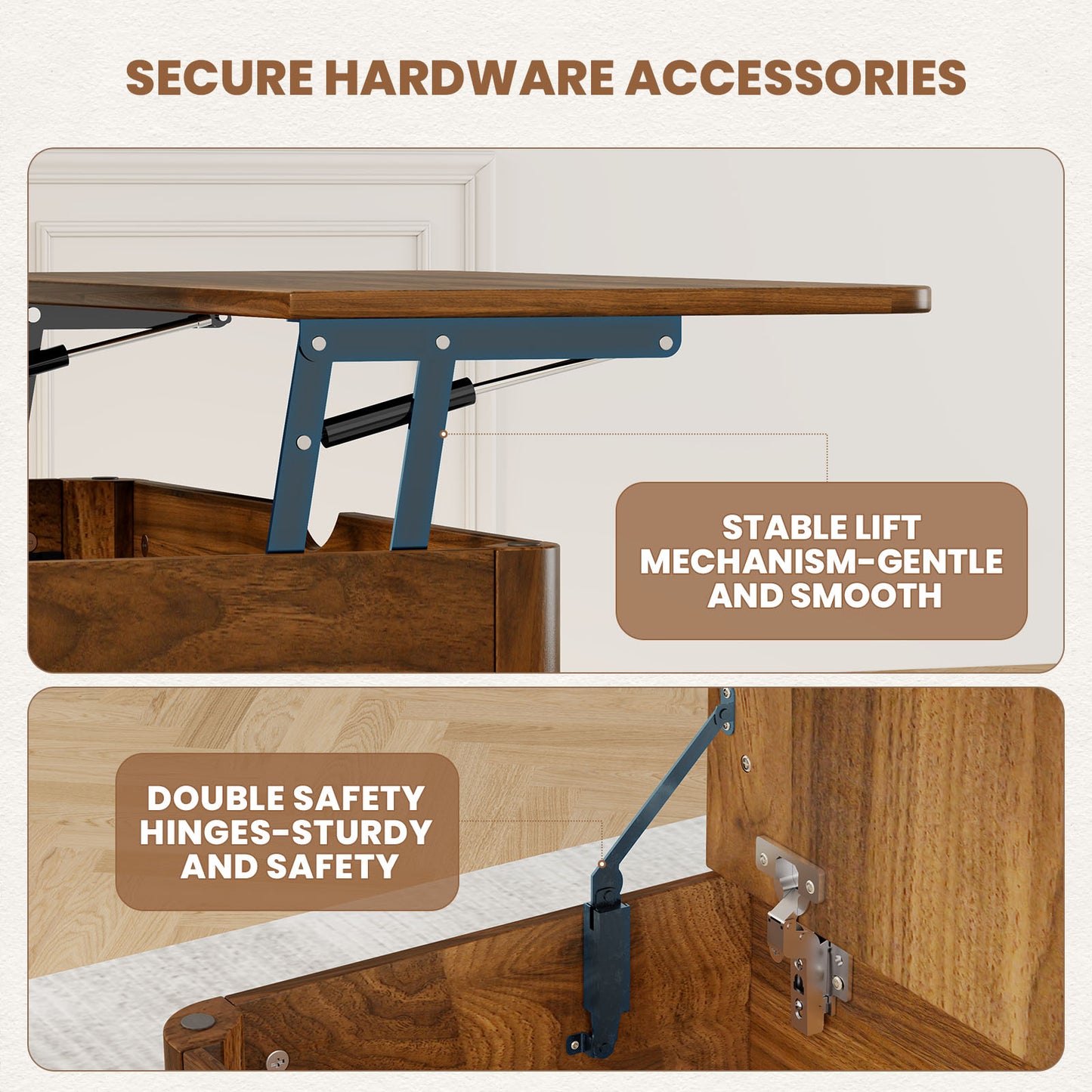 Flycity Large Square Ottoman Coffee Table with Lift Top, Square Ottoman with Storage for Living Room, Brown