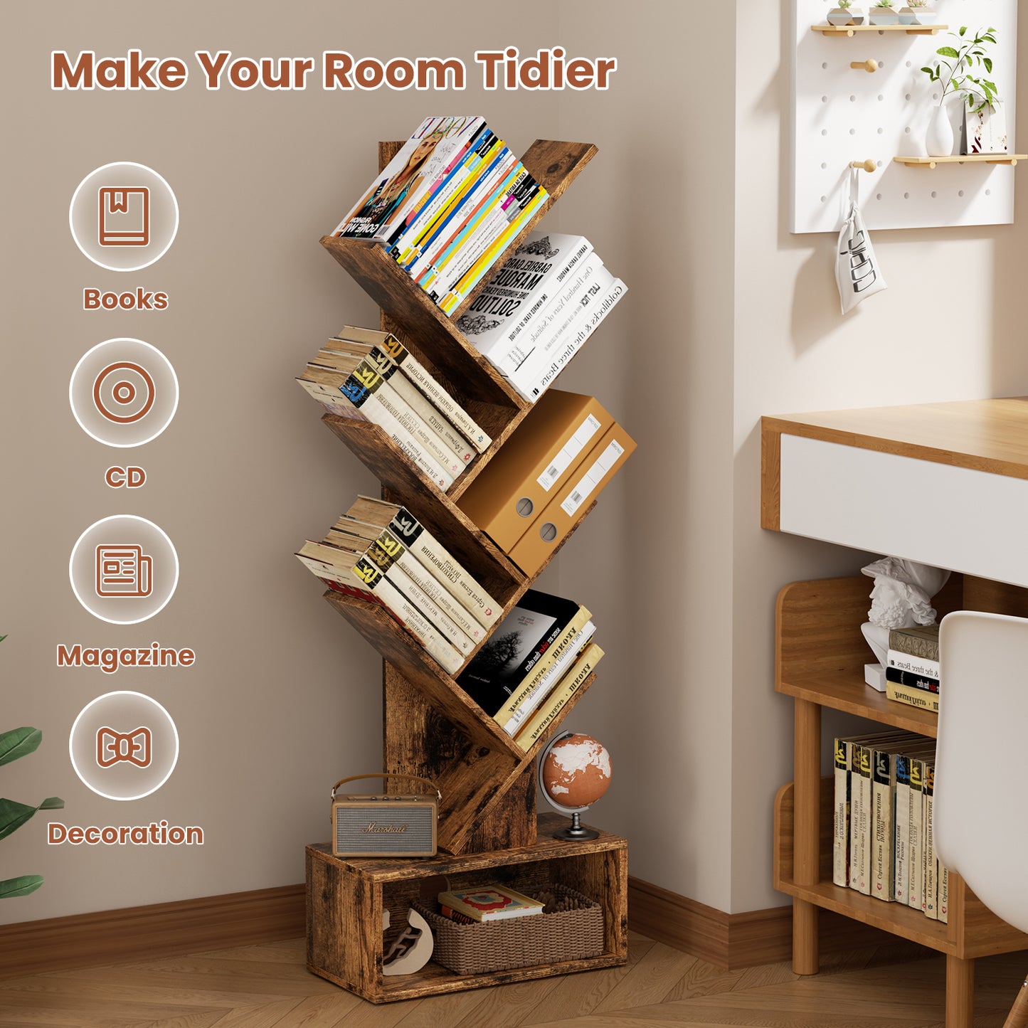 Flycity 6 Tier Tree Bookshelf, Space Saving Wood Bookshelves Organizer for CDs/Books/Movies, Floor Standing Storage Rack for Home Office, Living Room, Brown