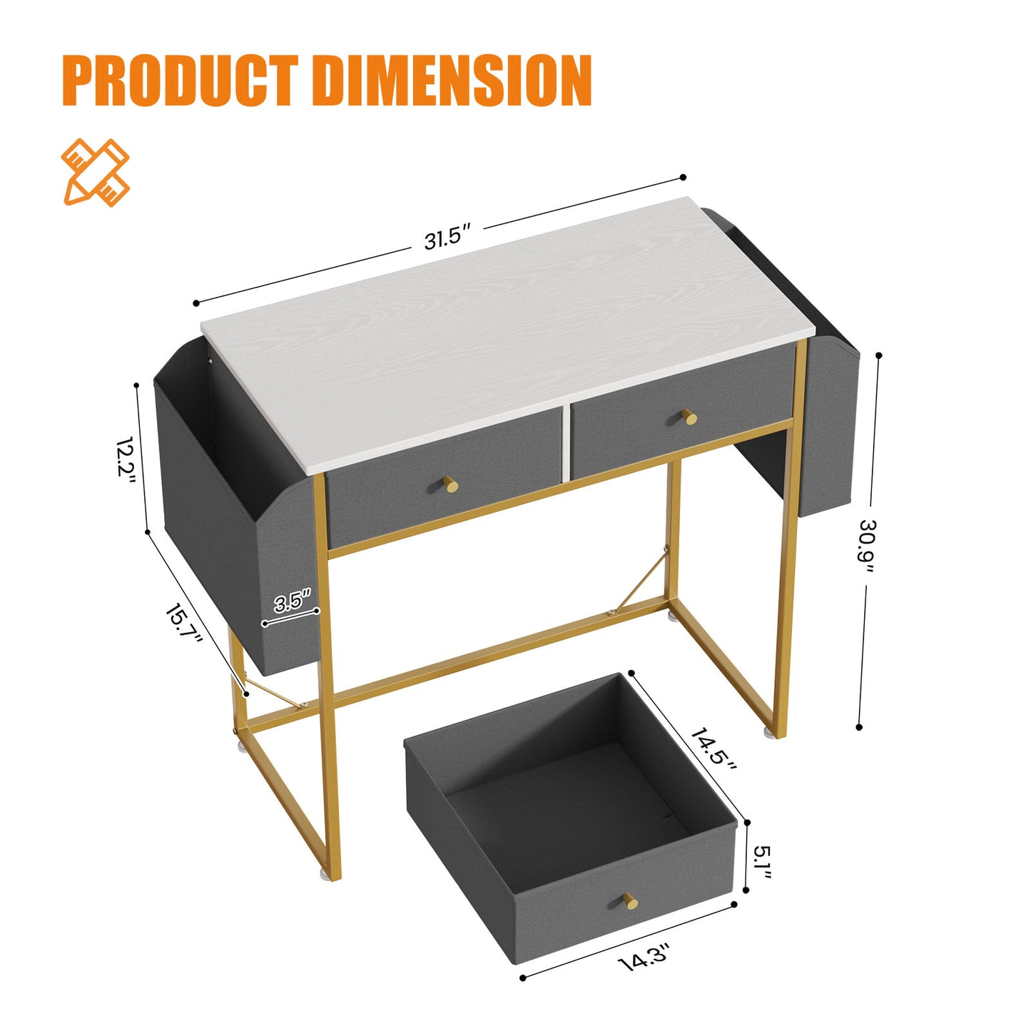 Flycity Vanity Table with 2 Drawers & Side Storage Bags, Multifunction Vanity & Computer Desk, More in one Work & Study Table for Home Office, 31.5"x15.7"x 30.9"