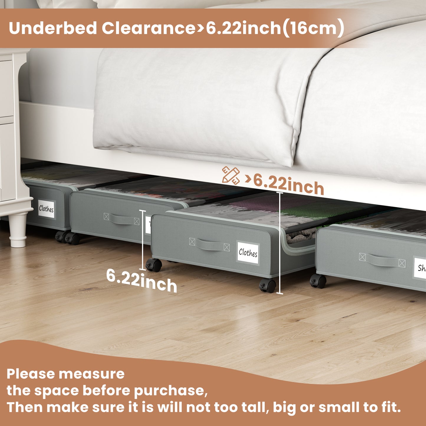 Flycity Under Bed Storage with Wheels, 4 Pack Underbed Storage Containers with Lids - Rolling Drawers & Bins for Bedroom Clothes Shoes Blankets, Grey