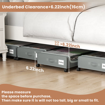 Flycity Under Bed Storage with Wheels, 4 Pack Underbed Storage Containers with Lids - Rolling Drawers & Bins for Bedroom Clothes Shoes Blankets, Grey
