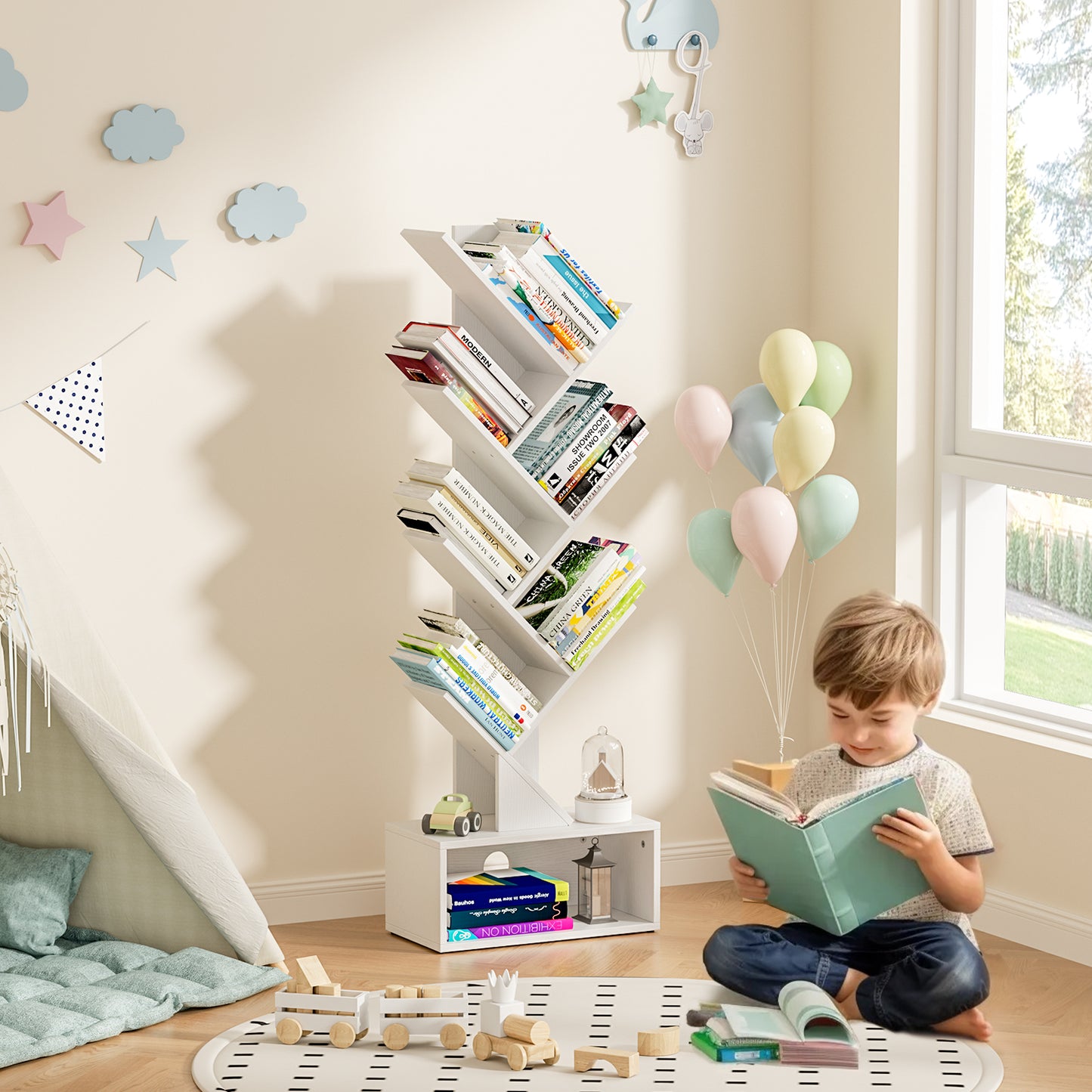 Flycity 6 Tier Tree Bookshelf, Space Saving Wood Bookshelves Organizer for CDs/Books/Movies, Floor Standing Storage Rack for Home Office, Living Room, White