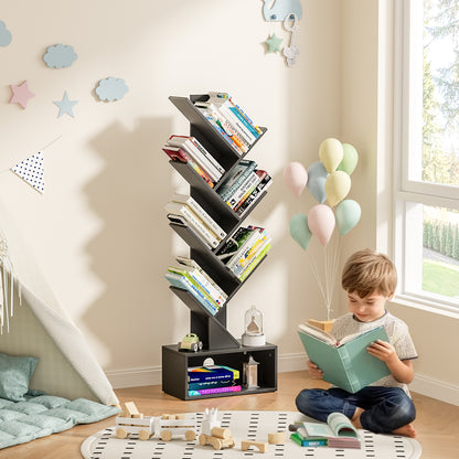 Flycity 6 Tier Tree Bookshelf, Space Saving Wood Bookshelves Organizer for CDs/Books/Movies, Floor Standing Storage Rack for Home Office, Living Room, Black