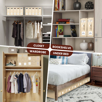 Flycity 4 Pack Foldable Bed Sheet Organizers with Window, Storage Containers for Queen & King Size Bedding, Linen Closet Organizers for Sheet Sets, Beige