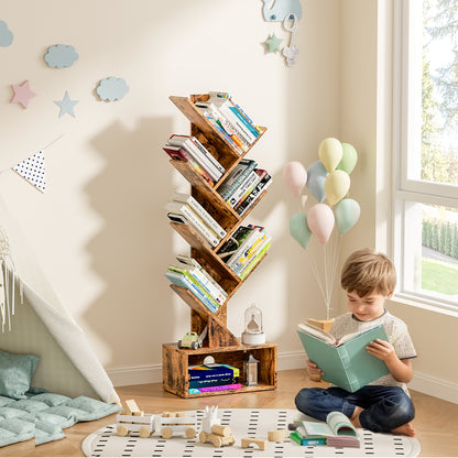 Flycity 6 Tier Tree Bookshelf, Space Saving Wood Bookshelves Organizer for CDs/Books/Movies, Floor Standing Storage Rack for Home Office, Living Room, Brown