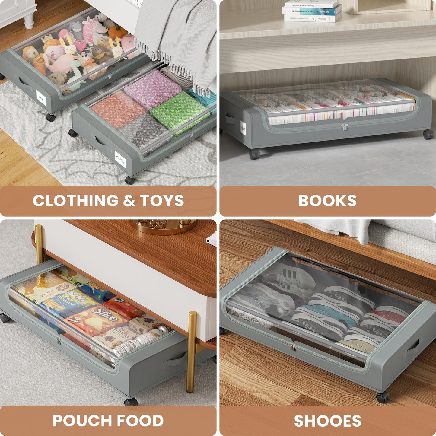 Flycity Under Bed Storage with Wheels, 4 Pack Underbed Storage Containers with Lids - Rolling Drawers & Bins for Bedroom Clothes Shoes Blankets, Grey