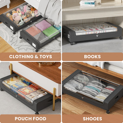 Flycity Under Bed Storage with Wheels, 2 Pack Underbed Storage Containers with Lids - Rolling Drawers & Bins for Bedroom Clothes Shoes Blankets, Black