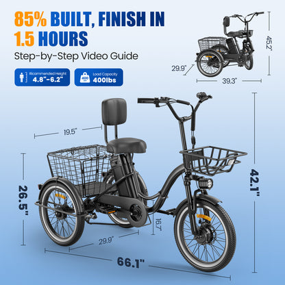 Flycity Electric Tricycle for Adults, 20” Folding Electric Trike,3 Wheels Electric Scooter Bicycle, Peak 1200W Electric Trike with 48V 20AH Removable Battery and Large Basket