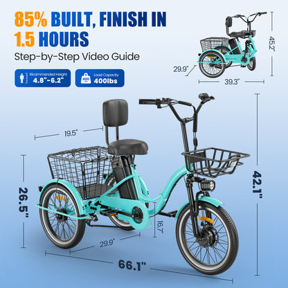 Flycity Electric Tricycle for Adults, 20” Folding Electric Trike,3 Wheels Electric Scooter Bicycle, Peak 1200W Electric Trike with 36V 13AH Removable Battery and Large Basket