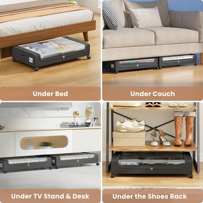 Flycity Under Bed Storage with Wheels, 4 Pack Underbed Storage Containers with Lids - Rolling Drawers & Bins for Bedroom Clothes Shoes Blankets, Black