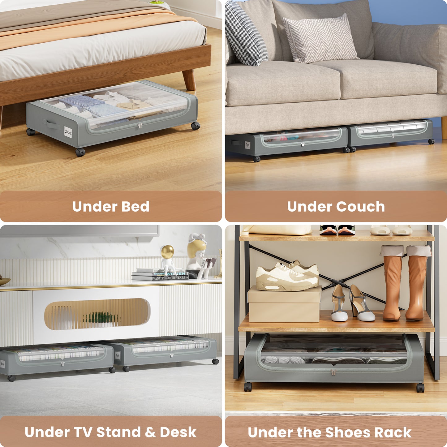 Flycity Under Bed Storage with Wheels, 4 Pack Underbed Storage Containers with Lids - Rolling Drawers & Bins for Bedroom Clothes Shoes Blankets, Grey