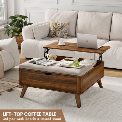 Flycity Large Square Ottoman Coffee Table with Lift Top, Square Ottoman with Storage for Living Room, Brown