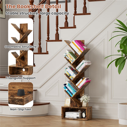 Flycity 6 Tier Tree Bookshelf, Space Saving Wood Bookshelves Organizer for CDs/Books/Movies, Floor Standing Storage Rack for Home Office, Living Room, Brown