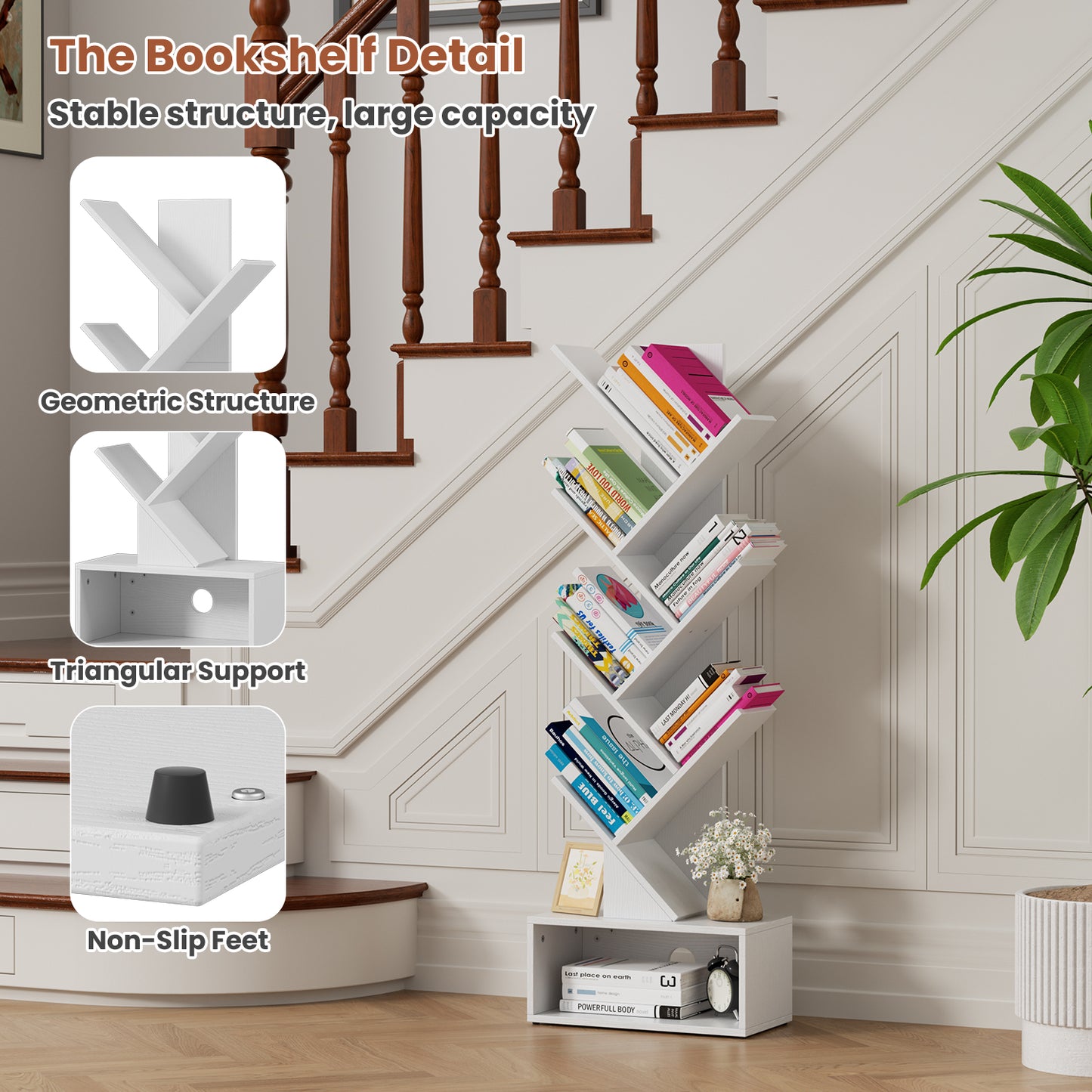 Flycity 6 Tier Tree Bookshelf, Space Saving Wood Bookshelves Organizer for CDs/Books/Movies, Floor Standing Storage Rack for Home Office, Living Room, White