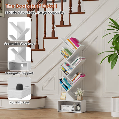 Flycity 6 Tier Tree Bookshelf, Space Saving Wood Bookshelves Organizer for CDs/Books/Movies, Floor Standing Storage Rack for Home Office, Living Room, White