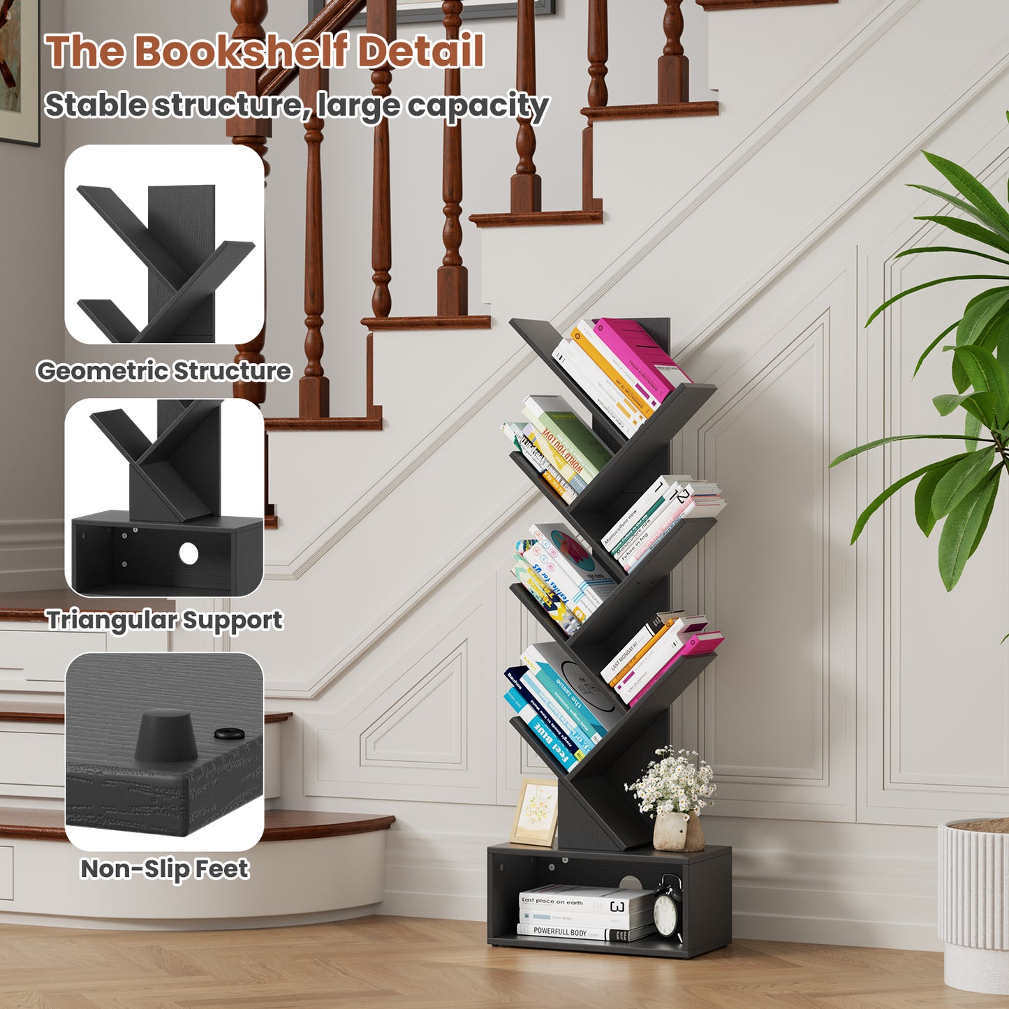 Flycity 6 Tier Tree Bookshelf, Space Saving Wood Bookshelves Organizer for CDs/Books/Movies, Floor Standing Storage Rack for Home Office, Living Room, Black