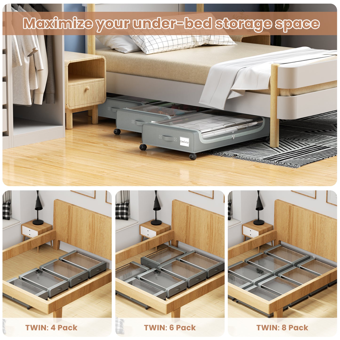 Flycity Under Bed Storage with Wheels, 4 Pack Underbed Storage Containers with Lids - Rolling Drawers & Bins for Bedroom Clothes Shoes Blankets, Grey