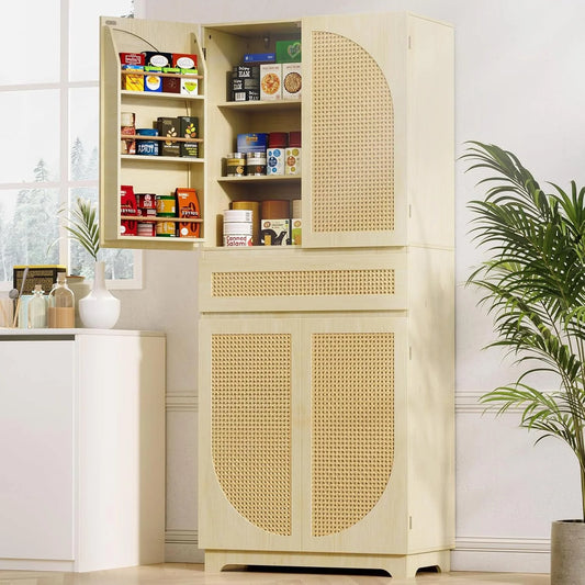 Flycity 72" Tall Kitchen Pantry, Rattan Pantry Cabinet, Storage Cabinet with Doors and Shelves for Kitchen Dining Living Room, 72" H x 15.8" W x 30" D