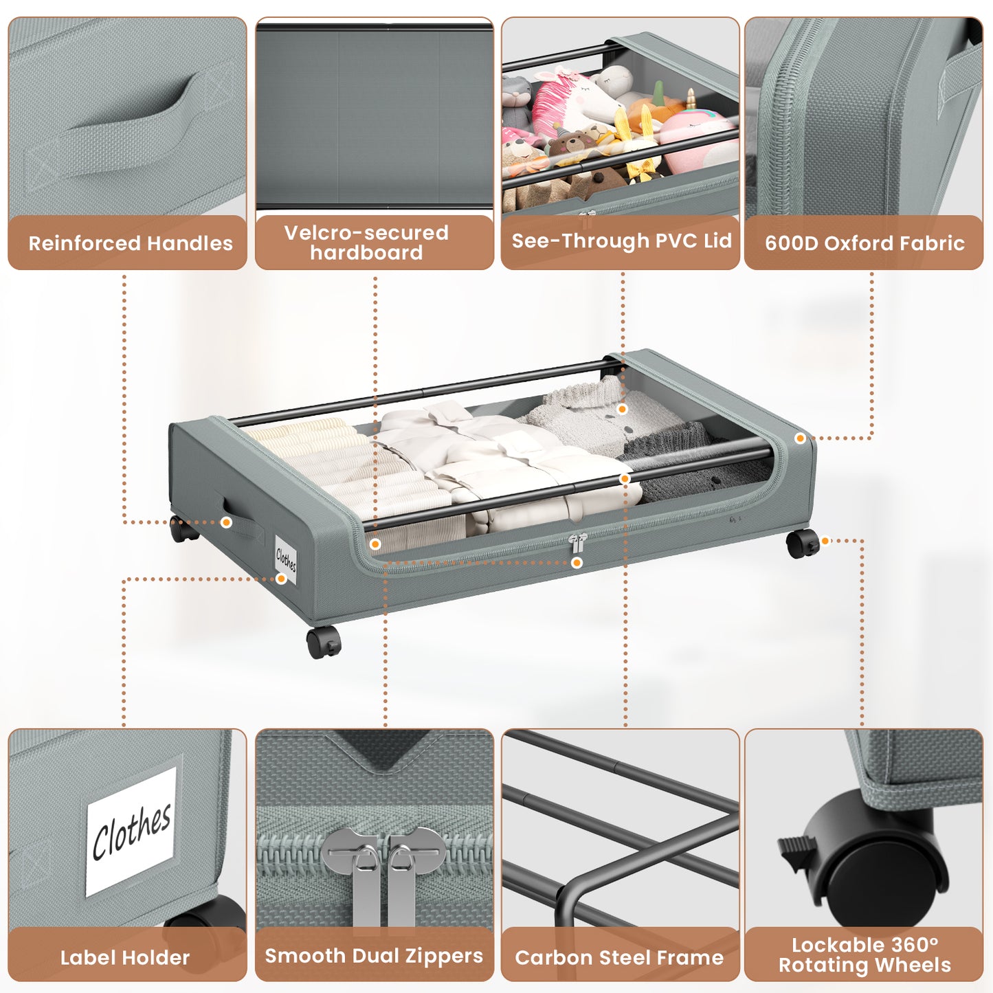 Flycity Under Bed Storage with Wheels, 4 Pack Underbed Storage Containers with Lids - Rolling Drawers & Bins for Bedroom Clothes Shoes Blankets, Grey