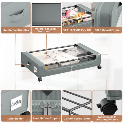 Flycity Under Bed Storage with Wheels, 4 Pack Underbed Storage Containers with Lids - Rolling Drawers & Bins for Bedroom Clothes Shoes Blankets, Grey