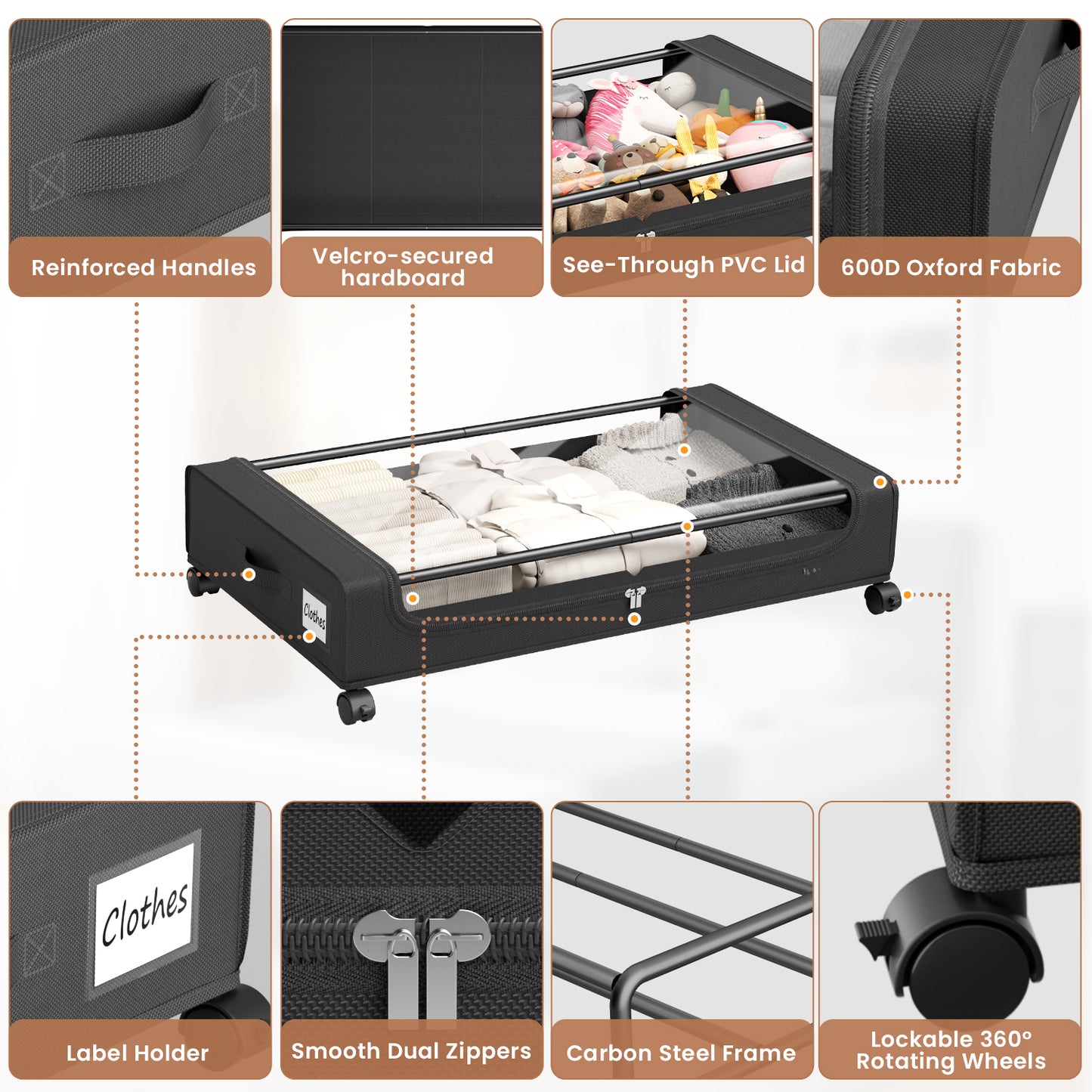 Flycity Under Bed Storage with Wheels, 2 Pack Underbed Storage Containers with Lids - Rolling Drawers & Bins for Bedroom Clothes Shoes Blankets, Black