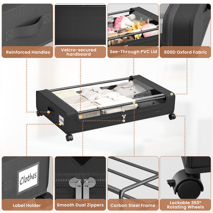 Flycity Under Bed Storage with Wheels, 2 Pack Underbed Storage Containers with Lids - Rolling Drawers & Bins for Bedroom Clothes Shoes Blankets, Black