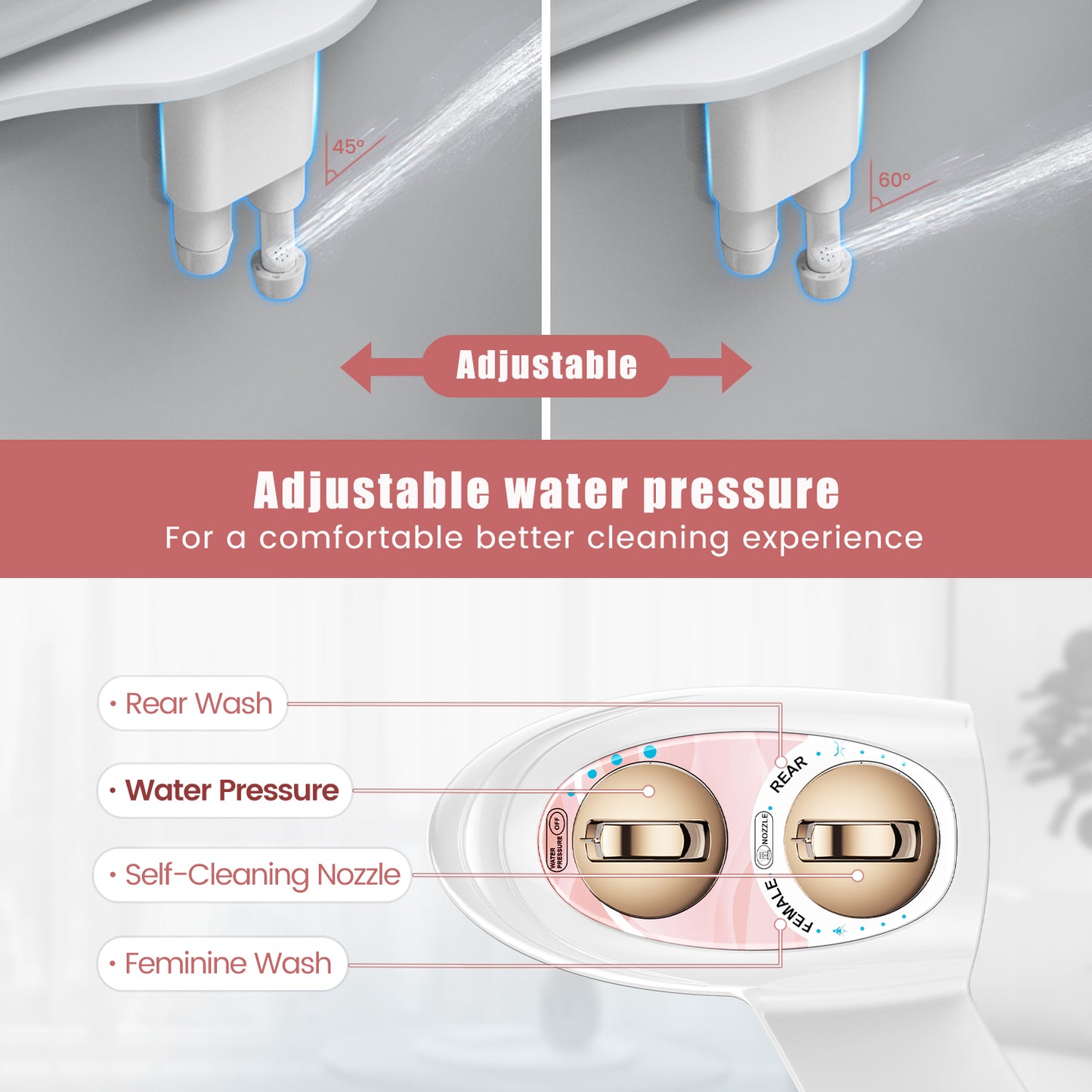 KINGTACK Bidet Attachment for Toilet, Non-Electric Self-Cleaning Bidet Seat Attachment, Fresh Cold Bidet Attachment for Feminine/Posterior Wash, with Adjustable Pressure Control (Rose Gold)