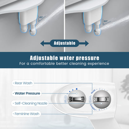 KINGTACK Toilet Bidet Attachment, Dual Nozzle, Non-Electric Bidet Attachment for Toilet Seat, Adjustable Water Pressure, Rear and Feminine Wash (White)