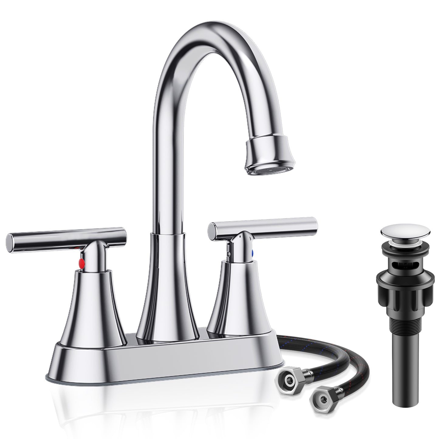 KINGTACK Bathroom Faucet 3 Hole, 4 Inch Bathroom Sink Faucet, Stainless Steel Lead-Free 2-Handle Centerset Faucet with Pop-up Drain and 2 Supply Hoses, Chrome
