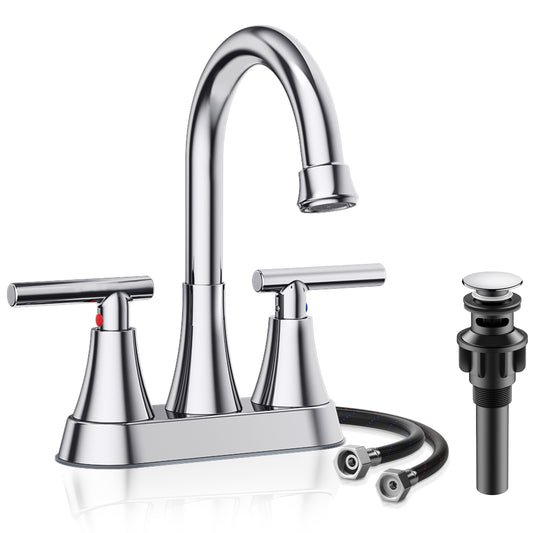 KINGTACK Bathroom Faucet 3 Hole, 4 Inch Bathroom Sink Faucet, Stainless Steel Lead-Free 2-Handle Centerset Faucet with Pop-up Drain and 2 Supply Hoses, Chrome