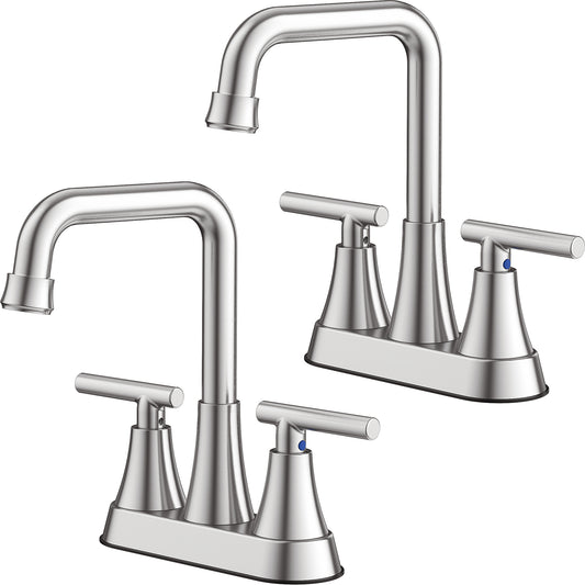 KINGTACK Bathroom Sink Faucet, 4 inch Brushed Nickel Bathroom Faucets with Pop-up Drain and Supply Lines, Stainless Steel 2-Handle Centerset Faucet for Bathroom Faucet 3 Hole, 2 Pack