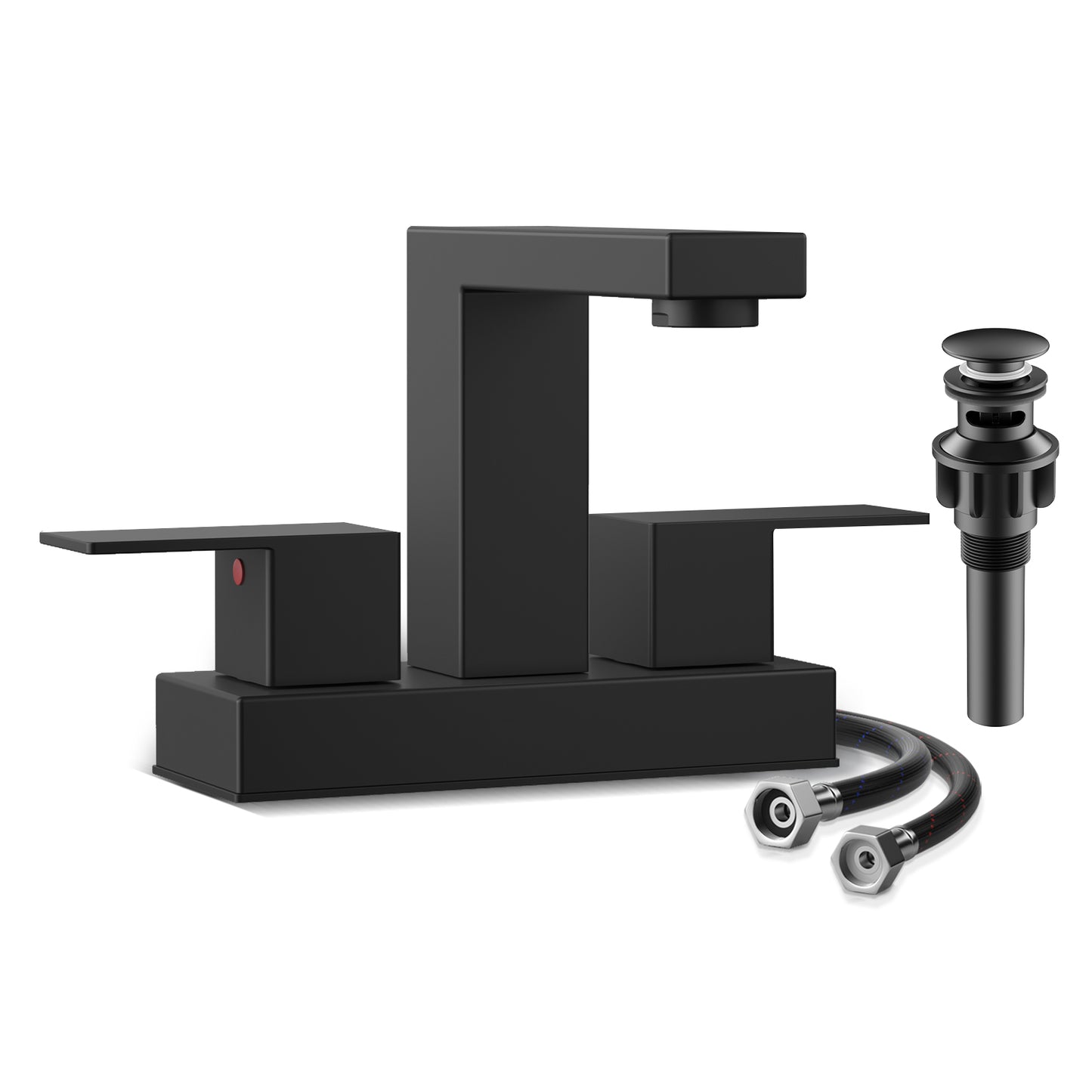 KINGTACK Bathroom Faucets, 4 Inch Matte Black Bathroom Faucets for Sink 3 Hole, 2 Handle Bathroom Sink Faucets with Pop-up Drain and Supply Lines