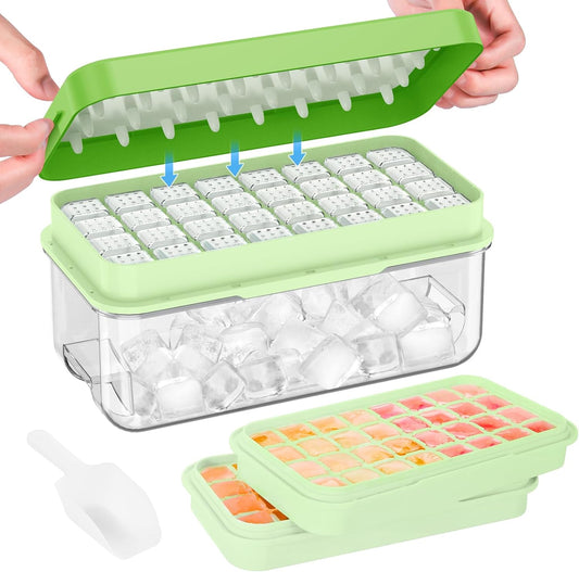 KINGTACK Ice Cube Tray, Ice Trays for Freezer, Ice Cube Tray With Lid and Bin, Making 64 pcs Ice Cubes, Chilling Cocktail, Whiskey, Coffee, with 2 trays, Ice Container, Scoop&Cover, BPA Free, Green