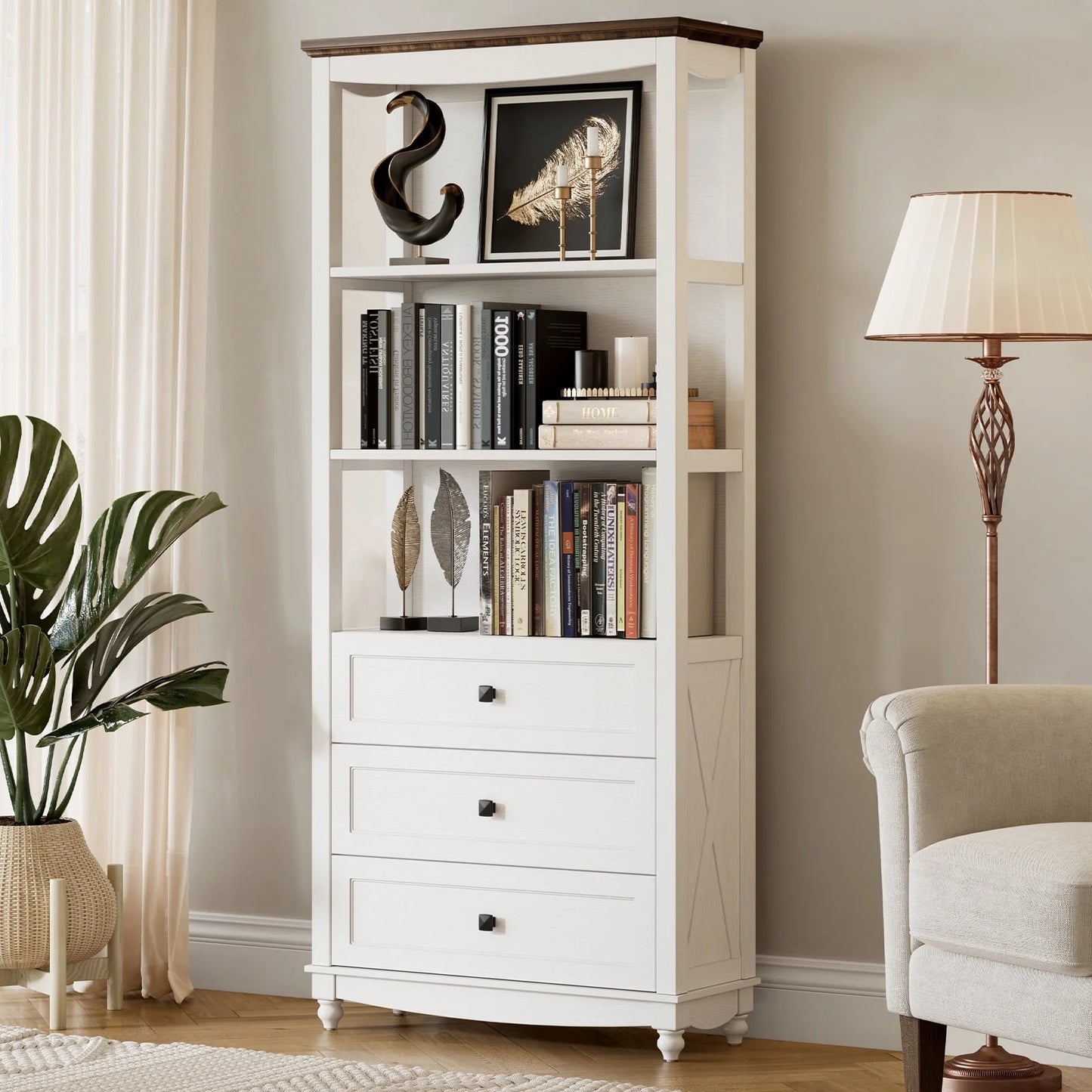 Flycity 71 Inch Tall Bookshelf, 6 Tiers Farmhouse Bookcase with Drawers and Shelves, Kitchen Storage Cabinet, Rustic Freestanding Display Bookshelves for Bedroom Living Room