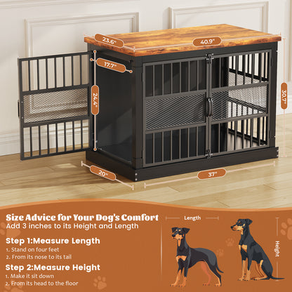 Flycity 40'' Modern Dog Crate Furniture with Double Door, Heavy Duty Dog Crate for Medium Large Dogs, Wooden Cage Kennel Furniture Indoor, Chew Resistant End Table for Living Room, Black