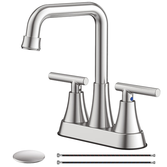 KINGTACK Bathroom Sink Faucet, 4 inch Brushed Nickel Bathroom Faucets with Pop-up Drain and Supply Lines, Stainless Steel 2-Handle Centerset Faucet for Bathroom Faucet 3 Hole