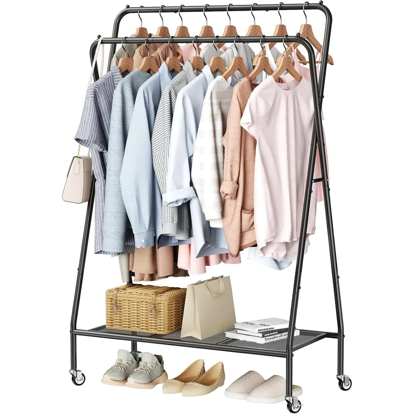 Flycity Metal Clothes Garment Rack, Portable Clothing Racks for Hanging Clothes with Wheels, Easy Assembly for Bedroom, Entryway, Laundry