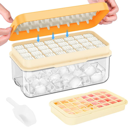 KINGTACK Ice Cube Tray with Lid and Bin, 32 pcs Ice Cubes Molds, Ice Trays for Freezer, with 1 tray, Ice Freezer Container, Spill-Resistant Removable Lid & Ice Scoop, for Whiskey,Cocktail, Yellow