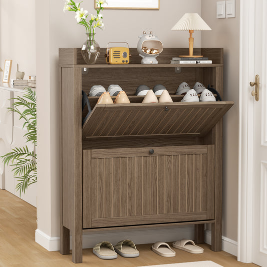 Flycity Shoe Storage Cabinet with 2 Flip Drawers, Freestanding Organizer with Open Storage, Narrow Farmhouse Shoe Rack with Legs for Entryway, Light walnut