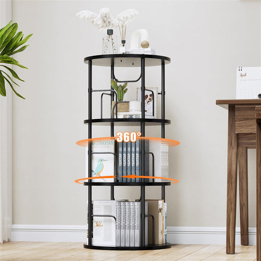 Flycity 3 Tier Rotating Bookshelf, 360° Display Rotating Bookcase Corner Storage Rack with Special Visible Partition Storage, Black