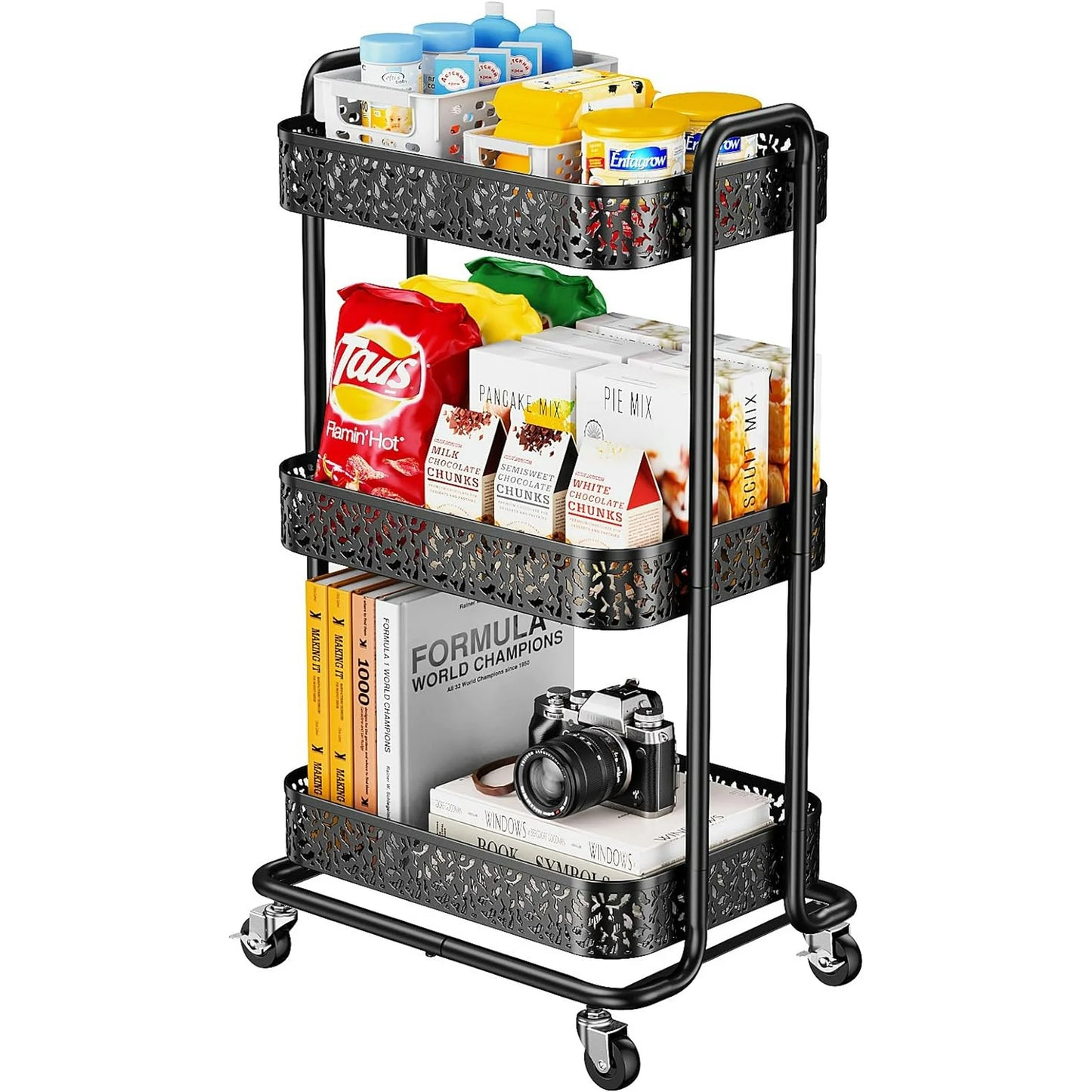 Flycity 3 Tier Utility Rolling Cart Organizer, Heavy-Duty Metal Rolling Carts with Wheels, Multifunctional Rolling Storage Cart, Easy Assembly for Kitchen, Office, Bathroom