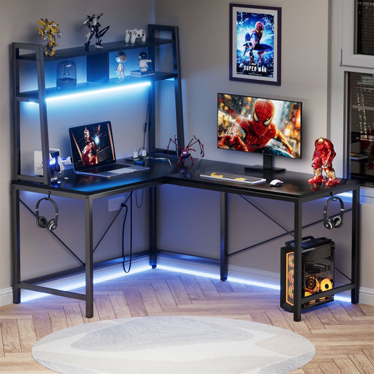 Flycity 93.3 inch L Shaped Gaming Desk with Hutch, LED Lights & Power Outlets, Ergonomic L-Shaped Gaming Desk with Storage Shelves for Home Office, Black