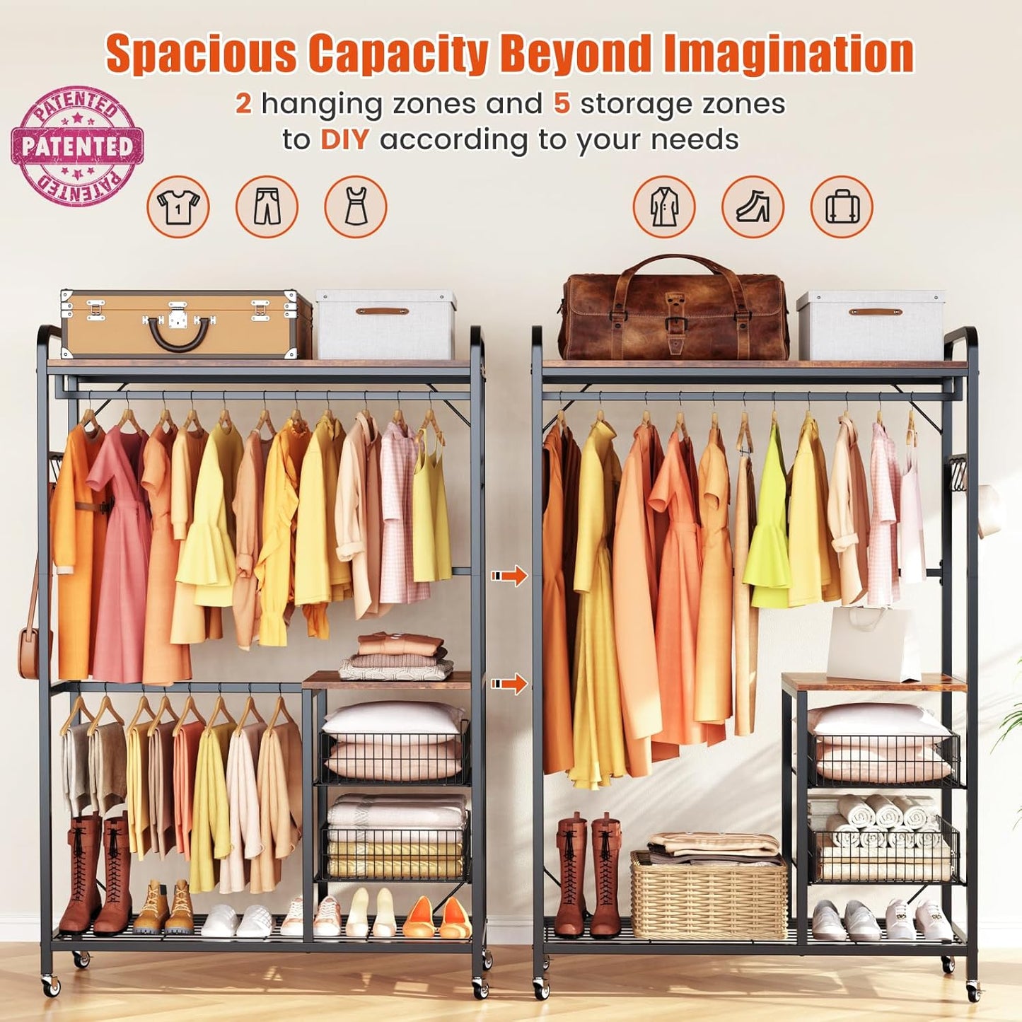 Flycity Heavy Duty Clothes Garment Rack with Drawers, Adjustable Free Standing Closet Ironwood Clothing Storage Shelves Rack for Hanging Clothes, Easy to Assemble & Sturdy with Wheels and Hooks