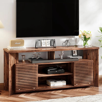 Flycity Mid Century Modern TV Stand for 55 60 65 Inch TVs, Entertainment Center with Sliding Doors & Storage, Wood Media Console for Living Room/Bedroom, Walnut Credenza TV Cabinet