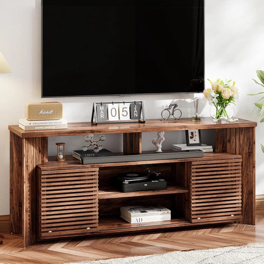 Flycity Mid Century Modern TV Stand for 55 60 65 Inch TVs, Entertainment Center with Sliding Doors & Storage, Wood Media Console for Living Room/Bedroom, Walnut Credenza TV Cabinet