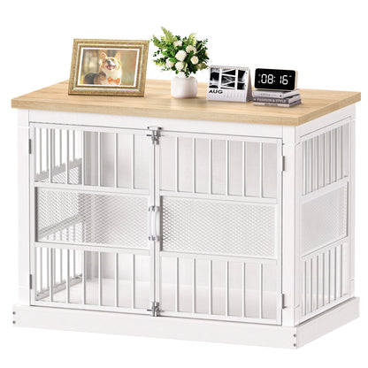 Flycity 40'' Modern Dog Crate Furniture with Double Door, Heavy Duty Dog Crate for Medium Large Dogs, Wooden Cage Kennel Furniture Indoor, Chew Resistant End Table for Living Room, White