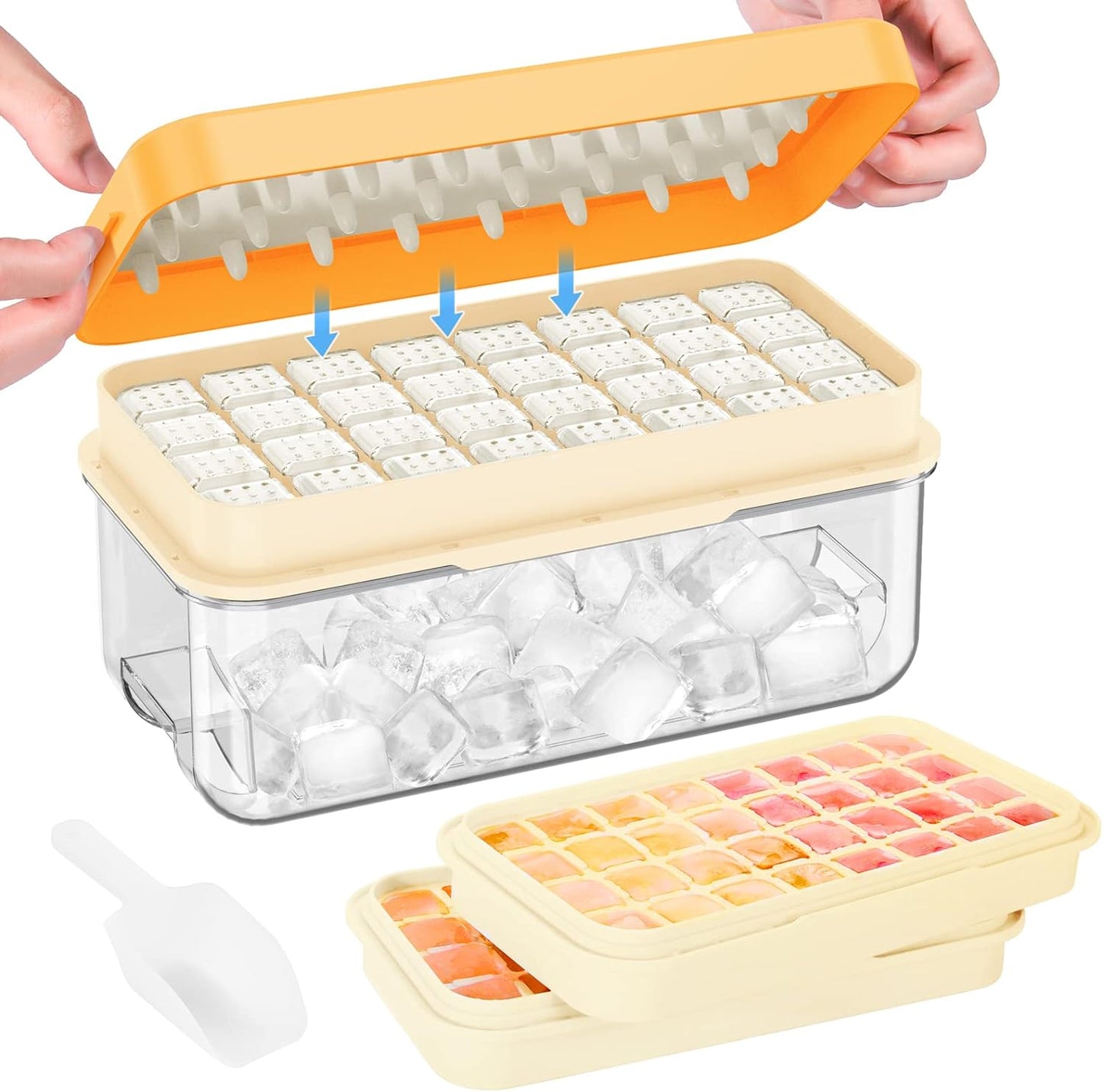 KINGTACK Ice Cube Tray, Ice Trays for Freezer, Ice Cube Tray With Lid and Bin, Making 64 pcs Ice Cubes, Chilling Cocktail, Whiskey, Coffee, with 2 trays, Ice Container, Scoop&Cover, BPA Free, Yellow