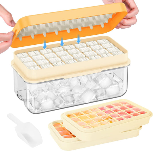 KINGTACK Ice Cube Tray, Ice Trays for Freezer, Ice Cube Tray With Lid and Bin, Making 64 pcs Ice Cubes, Chilling Cocktail, Whiskey, Coffee, with 2 trays, Ice Container, Scoop&Cover, BPA Free, Yellow