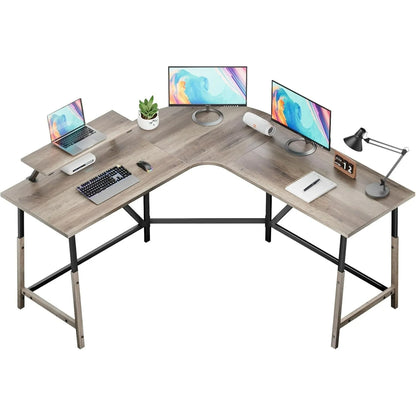 Flyicty 55'' L Shaped Gaming Desk, Ergonomic Corner Desk with Monitor Stand, Computer Desk for Home Office Study Writing Workstation, Large Computer Table PC Desk, Grey Oak