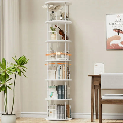 Flycity 6 Tier Rotating Bookshelf, 360° Display Rotating Bookcase Corner Storage Rack with Special Visible Partition Storage, White